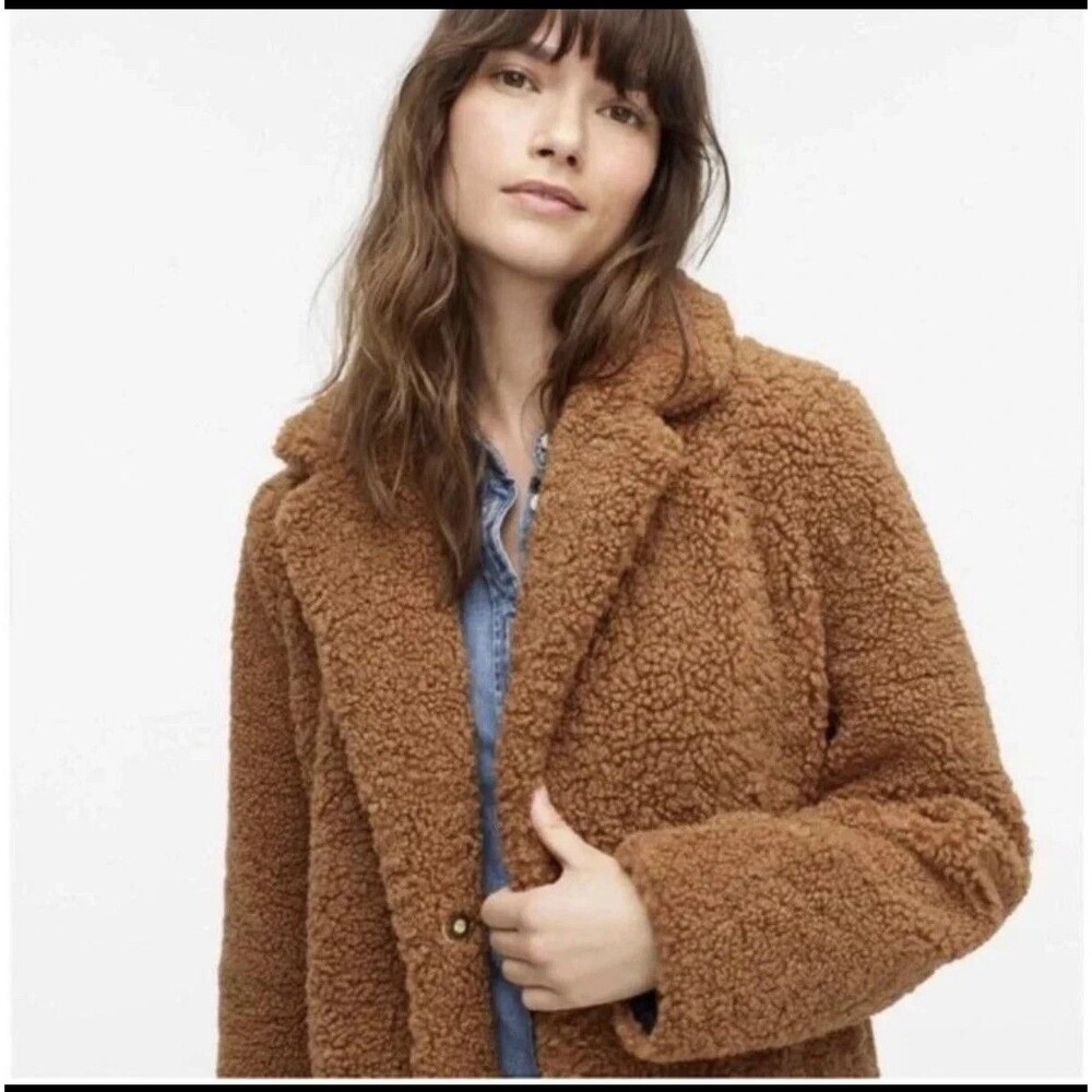 J.Crew Teddy Bear Sherpa Top Coat Warm Brandy Caramel Brown Sz Large #AB913 EUC - Picture 2 of 14